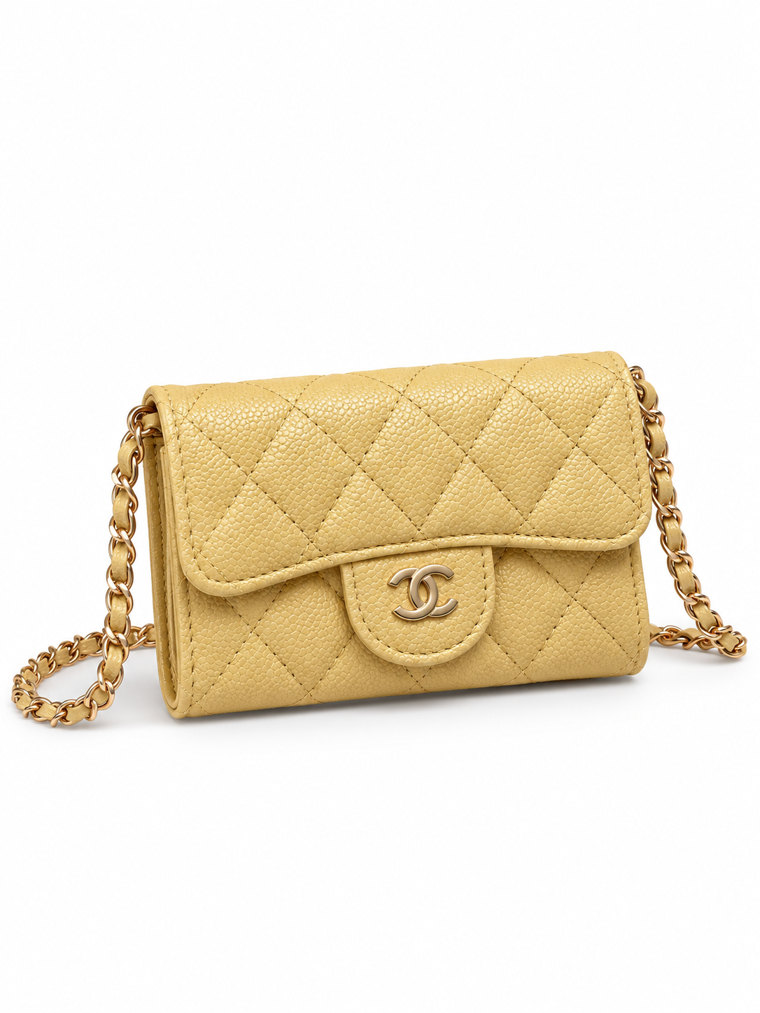 Mini Sac à Bandoulière – Cuir Grainé Jaune Pastel – Détails Dorés