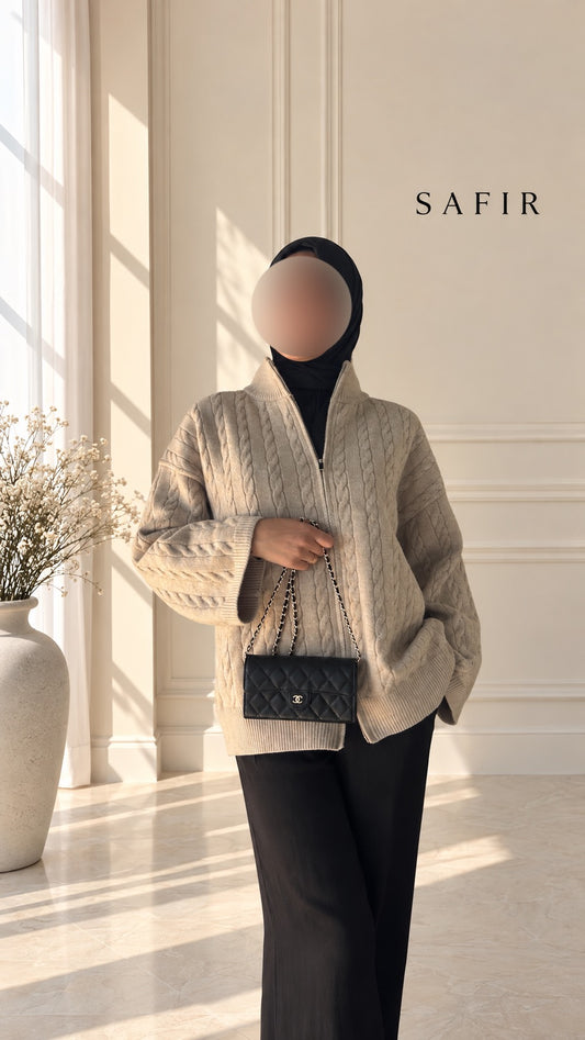 Gilet oversize beige en maille torsadée à double zip