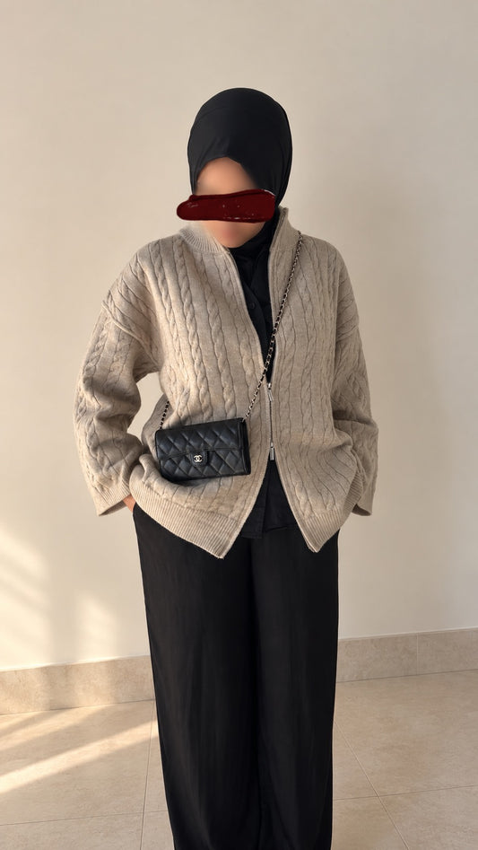 Gilet oversize beige en maille torsadée à double zip
