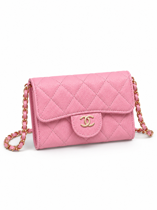 Mini Sac à Bandoulière CC – Cuir Grainé Rose Bonbon – Détails Dorés