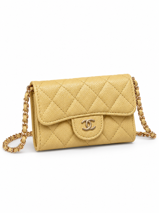 Mini Sac à Bandoulière – Cuir Grainé Jaune Pastel – Détails Dorés