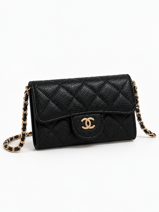 Mini Sac à Bandoulière CC – Cuir Grainé Noir – Détails Dorés
